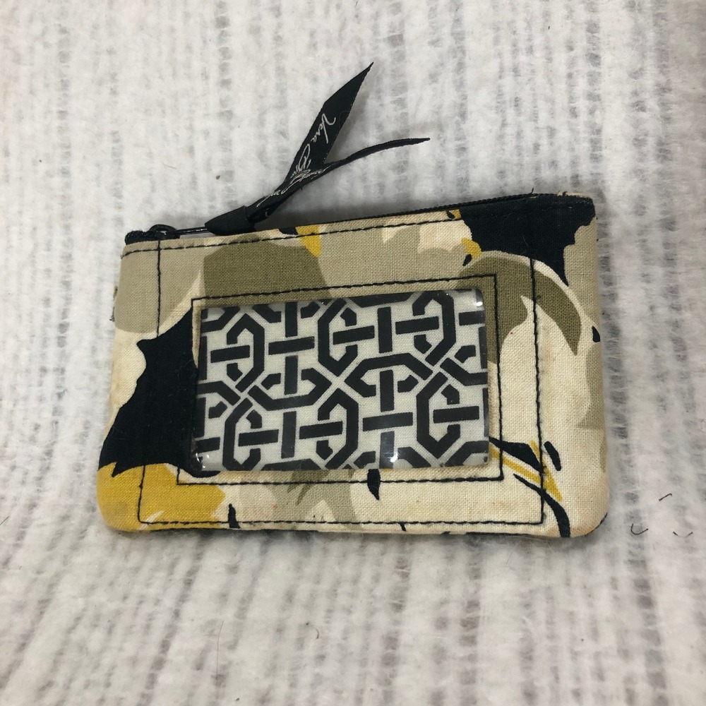 Vera Bradley Zip ID Case Floral Yellow Grey Black Quilted Card Holder Wallet